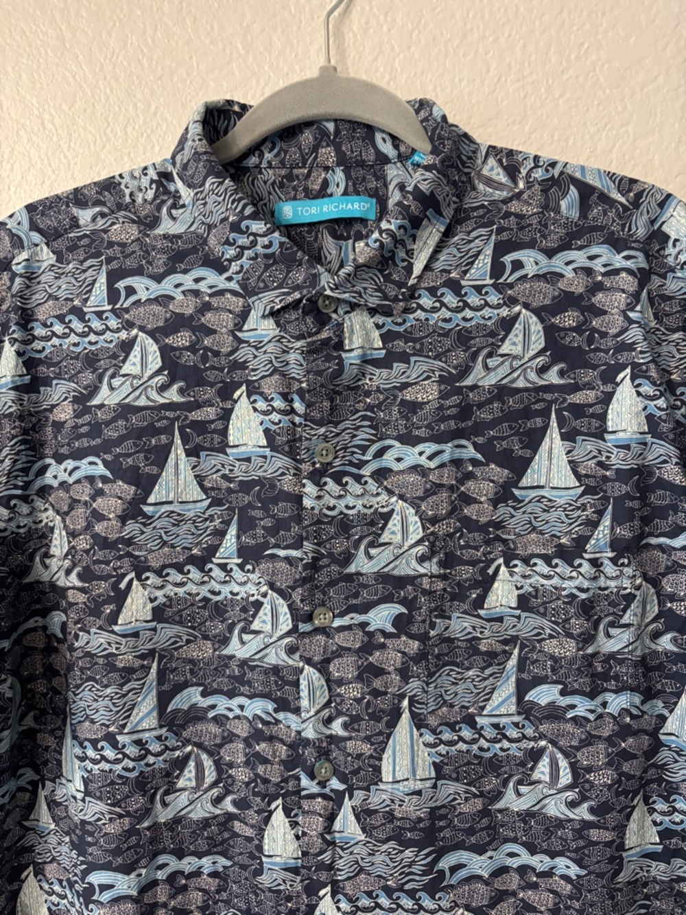 Tori Richard Navy and Light Blue Sailboat Print Button-Down Shirt